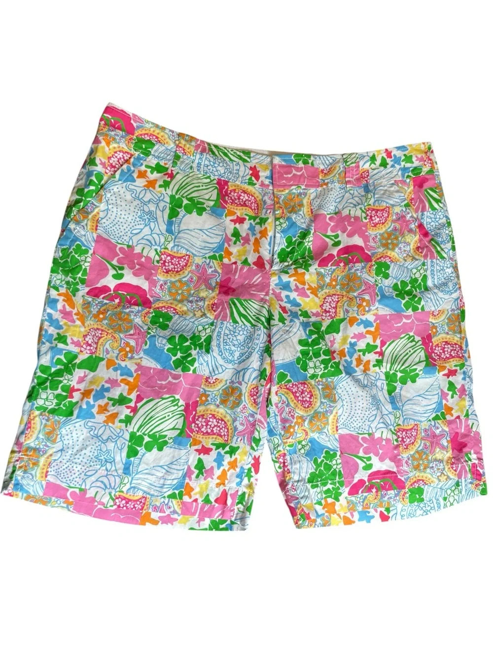 Lilly Pulitzer VTG Patchwork Bermuda Shorts Sz 14 Floral Tropical Stretch Cotton